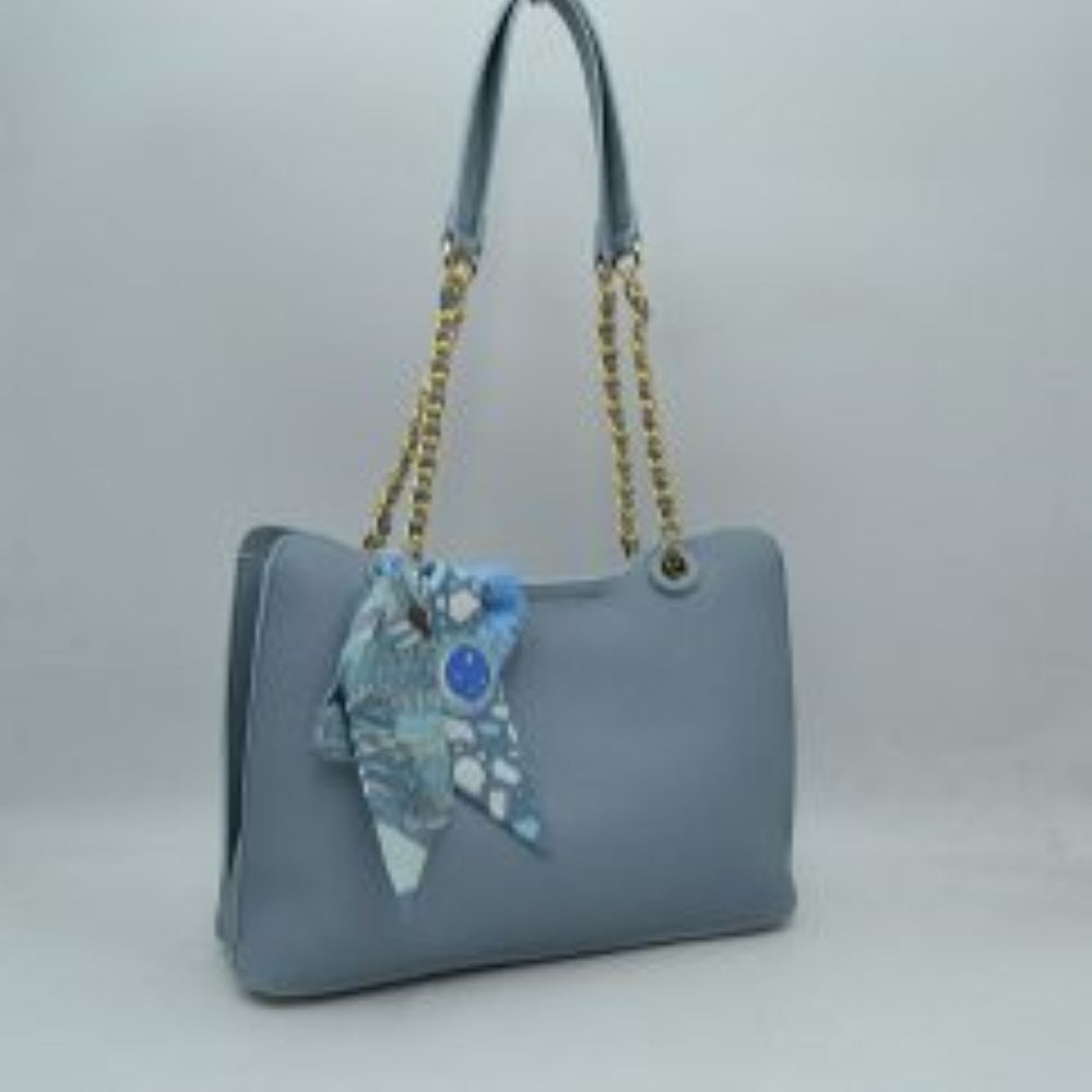 Elegant Textured Tote Bag with Chain Accent and Printed Scarf - Blue - Tote Bag