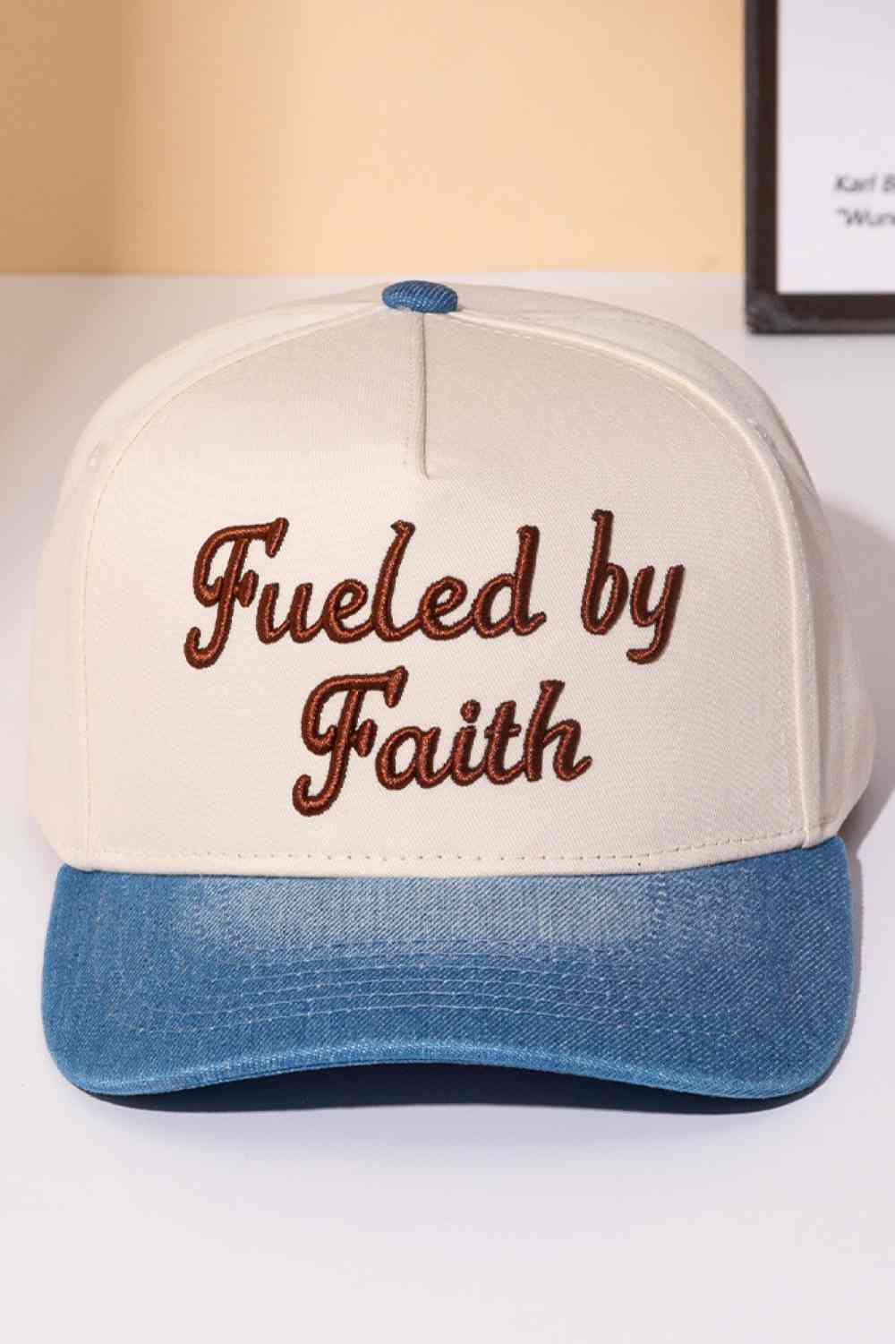 Blue Declare your faith with style in this classic two-tone trucker cap. Featuring bold embroidered lettering that reads "FUELED BY FAITH," this snapback combines comfort with meaningful expression. Crafted from 100% cotton, it's breathable and lightweight for all-day wear. The adjustable snapback closure ensures a perfect fit for one size fits most. Whether you're heading to church, the gym, or casual outings, this cap makes a statement about what drives you. Perfect for believers who wear their conviction