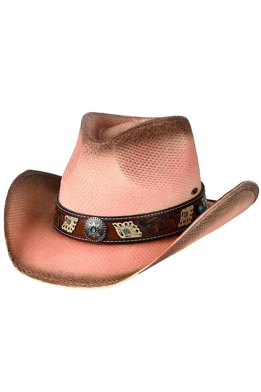 Blush C.C. Vegan Leather Tea-Stained Cowboy Hat features high-quality vegan leather with a distinctive tea-stained patina that replicates the appearance of aged authentic leather. The precision-crafted crown maintains structural integrity while the brim offers customizable shaping to suit individual preferences. Ethically produced without animal derivatives, this hat delivers the classic Western aesthetic with superior durability and environmental consciousness.