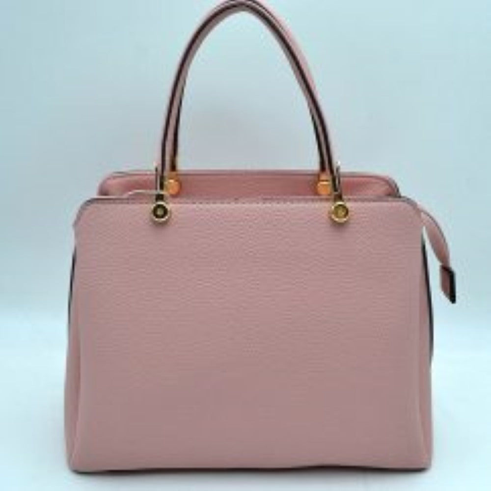 Blush This structured handbag is designed for everyday use, featuring dual arched top handles attached with round metallic hardware. The design includes multiple storage compartments to organize your belongings, featuring a central zippered closure alongside separate side compartments.