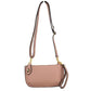 Blush This versatile everyday bag features a compact pebbled textured body with a slightly curved base silhouette. Designed for organized daily or evening use, the main storage compartment is secured by a top zipper closure and accented with a small decorative metallic turn-lock detail on the side panel. It offers multiple carrying options, equipped with a long, adjustable crossbody shoulder strap and a shorter matching wristlet loop