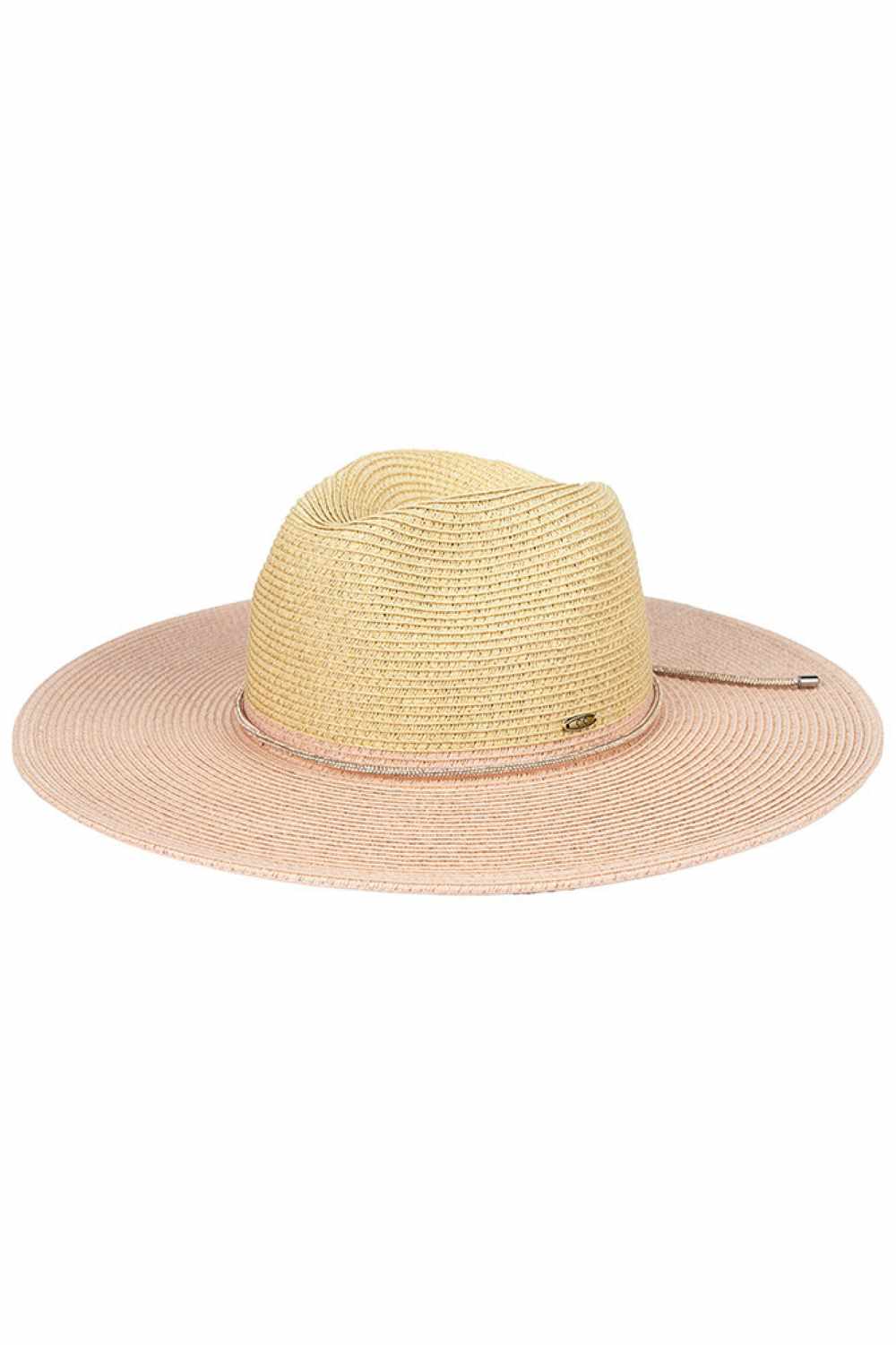 Blush The C.C Two Tone Panama Sun Hat combines classic style with practical sun protection. Crafted from a breathable blend of 80% paper and 20% polyester, this lightweight hat keeps you cool during warm weather while maintaining its shape. The two-tone design adds visual interest, complemented by a decorative band around the crown. With a 4" brim and 4" crown height, this hat offers excellent UV coverage for your face and neck. The generous 22.6" circumference fits most head sizes comfortably. One-size-fit