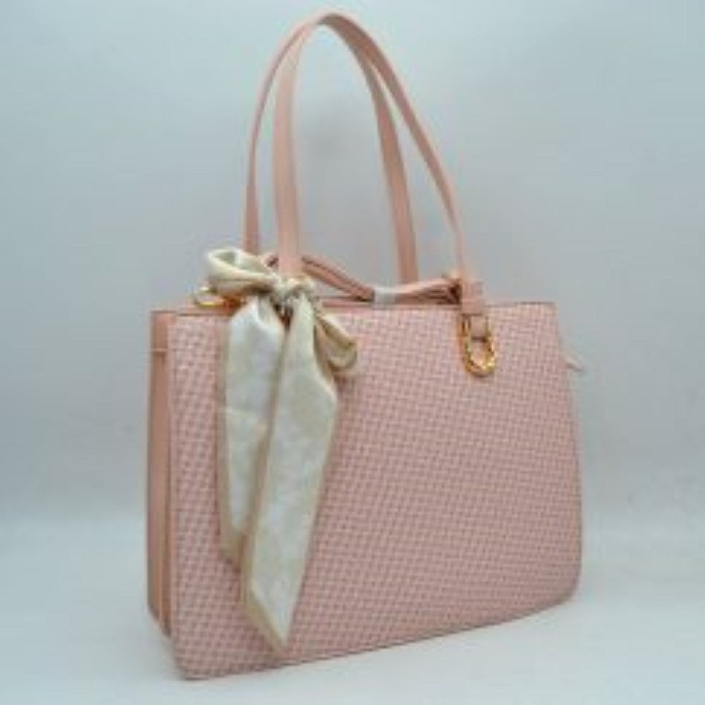 Blush Embrace a perfect blend of seasonal charm and sophisticated style with this elegant woven straw satchel bag. Designed with a beautifully textured basket-weave exterior body and smooth top trim panels, this handbag features a stylish patterned scarf tied in a bow at the handle base for a chic, feminine touch. The structured silhouette opens to a spacious main compartment that easily accommodates your daily essentials, making it an ideal companion for warm-weather outings, brunch, or casual workdays.