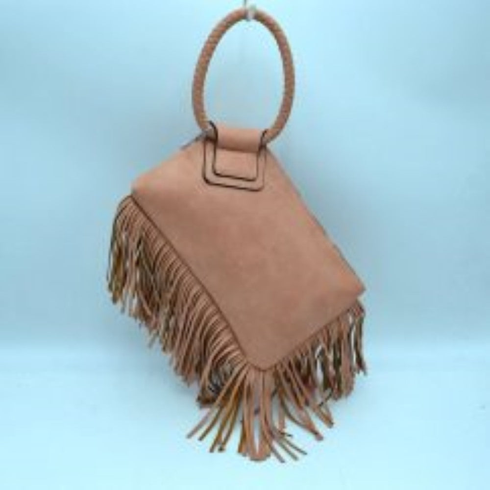 Blush This everyday clutch bag features a smooth, structured body prominently styled with long cascading fringe accents along the lower trim and side panel. Designed for convenient hand carrying, it is equipped with a distinctively braided, circular top handle anchored securely to a reinforced upper flap. The main storage compartment features a secure top zipper closure with metallic teeth