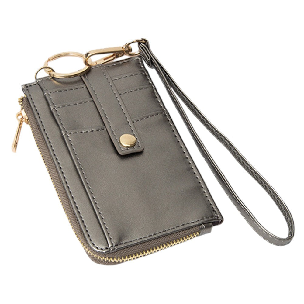 Faux Leather Basket Weave Flat Card Holder Wallet with Wristlet - Wallets