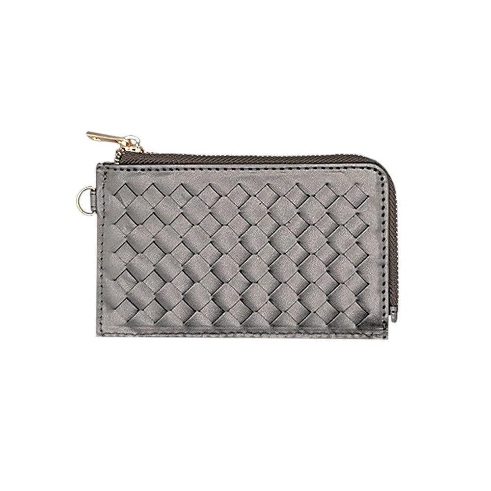 Faux Leather Basket Weave Flat Card Holder Wallet with Wristlet - Bronze - Wallets