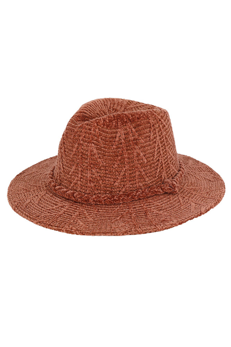 Brown Chenille Pattern and Braided Band Winter Fedora combines thermal efficiency with sophisticated design. The textured chenille fabric provides exceptional warmth retention while maintaining breathability. The precision-crafted braided band creates visual interest and structural integrity. Designed with a classic silhouette that complements diverse facial structures, this fedora offers optimal protection against winter elements while elevating your seasonal wardrobe with architectural elegance. 
