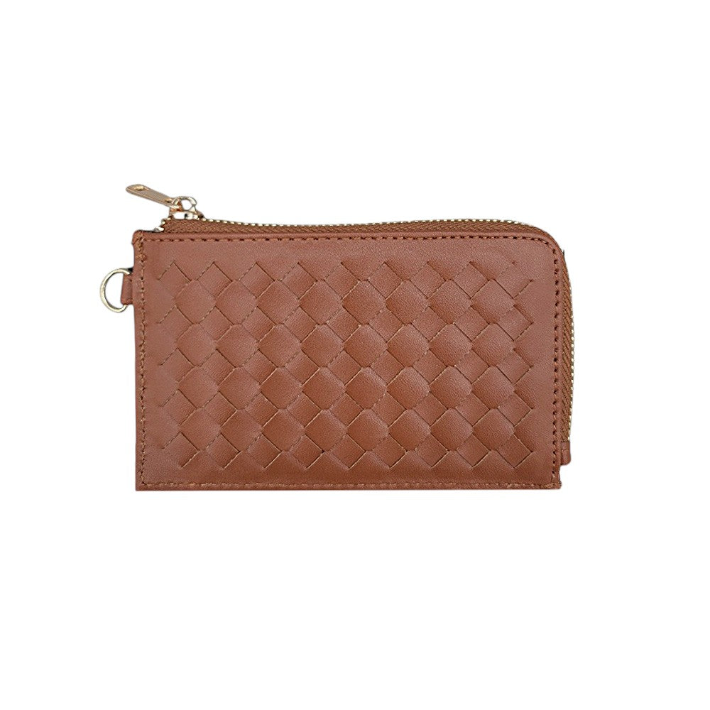 Faux Leather Basket Weave Flat Card Holder Wallet with Wristlet - Brown - Wallets