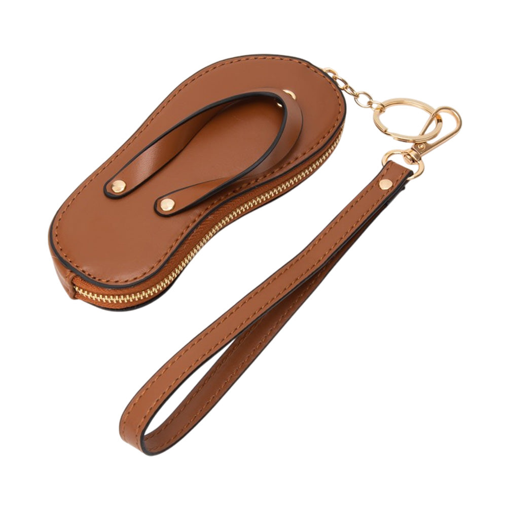 Brown Faux Leather Flip-flop Mini Wristlet Bag Charm Coin Purse offers a convenient and stylish way to carry your essentials. Made from durable faux leather, this mini wristlet bag doubles as a charm for your larger bag. Keep your coins, keys, or credit cards easily accessible with this sleek and functional accessory.