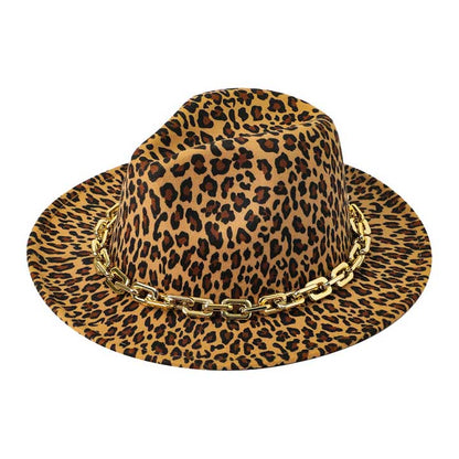Brown Leopard Patterned Chain Band Fedora Hat, a beautiful & comfortable fedora hat is suitable for summer wear to amp up your beauty & make you more comfortable everywhere. A great cap can keep you cool and comfortable. It's an excellent gift item for your friends & family or loved ones this summer.