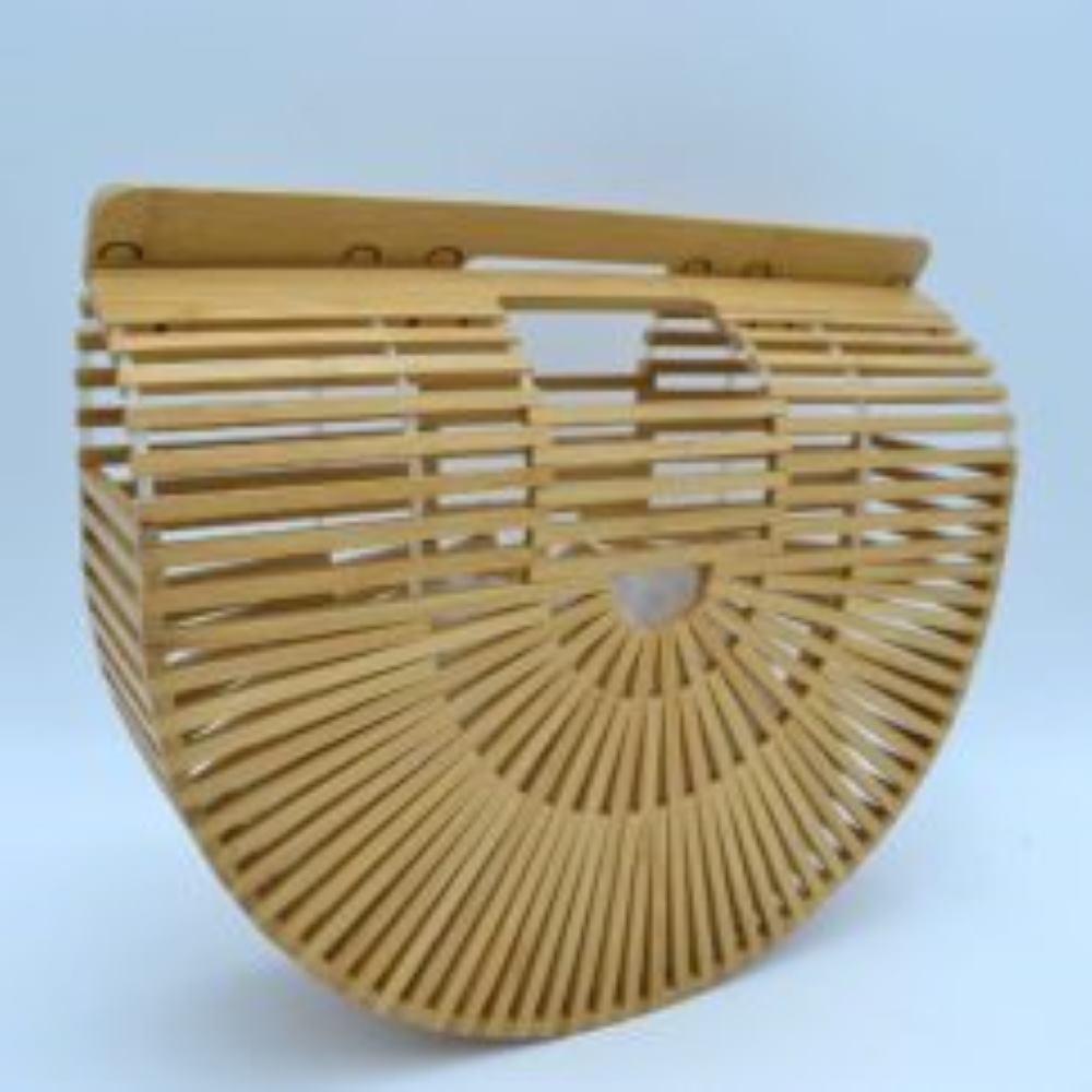 Brown Designed with a striking semi-circular silhouette, this structured clutch showcases a distinctive cage-like design formed by parallel horizontal and fanning vertical slats. An integrated rectangular cutout at the top serves as a smooth, built-in carry handle, running flush with the straight upper edge of the bag.