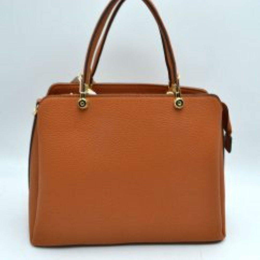 Brown This structured handbag is designed for everyday use, featuring dual arched top handles attached with round metallic hardware. The design includes multiple storage compartments to organize your belongings, featuring a central zippered closure alongside separate side compartments.