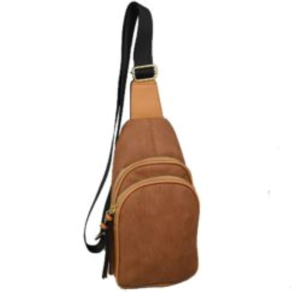 Brown This practical sling bag features a textured, finely ribbed exterior w/ a tapered silhouette designed for comfortable everyday use. It offers organized storage compartments, including a curved main zippered section and a matching smaller front zippered pouch, both enhanced by elongated vertical tassel pulls hanging from the sliders. The bag is equipped w/ a single wide fabric shoulder strap attached to a smooth top panel & secured w/ a metallic adjustment buckle to easily customize the carrying length