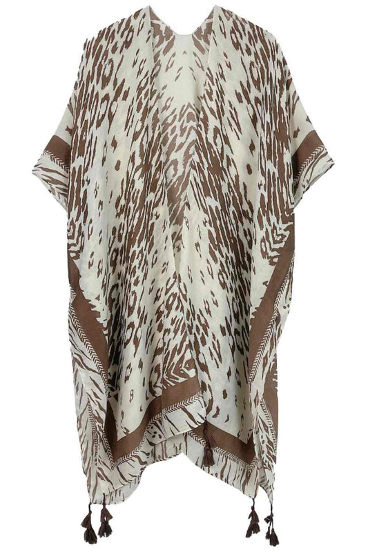 Brown Embrace wild elegance with this Animal Print Tassel Kimono. Crafted from lightweight 100% polyester, this versatile piece features a striking animal print design and decorative tassels that add movement and flair. Perfect for layering over dresses, swimwear, or casual outfits, it drapes beautifully with a generous 35.4" x 35.4" cut. Whether you're heading to the beach, a festival, or a night out, this kimono effortlessly elevates any look with bohemian charm and contemporary style.