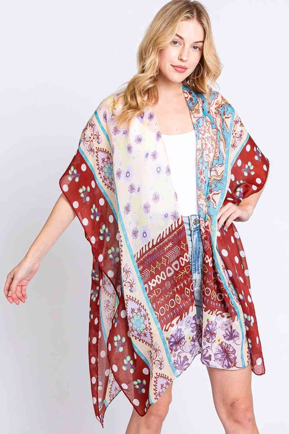 Brown Embrace effortless elegance with this Boho Flower Print Kimono. Featuring a vibrant floral design that captures free-spirited style, this lightweight piece drapes beautifully over any outfit. Crafted from 100% polyester for easy care and lasting comfort, it's perfect for layering on warm days or adding a bohemian touch to your wardrobe. Generously sized at 35" x 36", it offers a relaxed, flowing fit that flatters all body types. An essential piece for anyone seeking laid-back, artistic style.