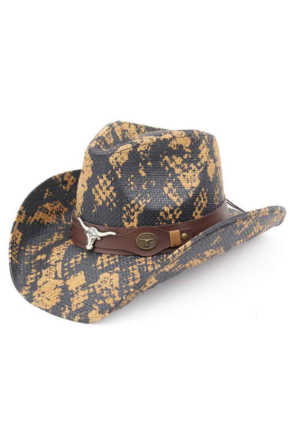 Brown Make a bold statement with this striking Bull Head Accent Snake Print Cowboy Hat. Crafted from 100% paper, this lightweight cowboy hat features an eye-catching snake print design with a distinctive bull head accent that sets it apart from traditional western wear. Perfect for rodeos, country festivals, or adding an edgy touch to your everyday style. The breathable paper construction keeps you comfortable in warm weather while the classic cowboy silhouette delivers authentic western flair. Whether you'