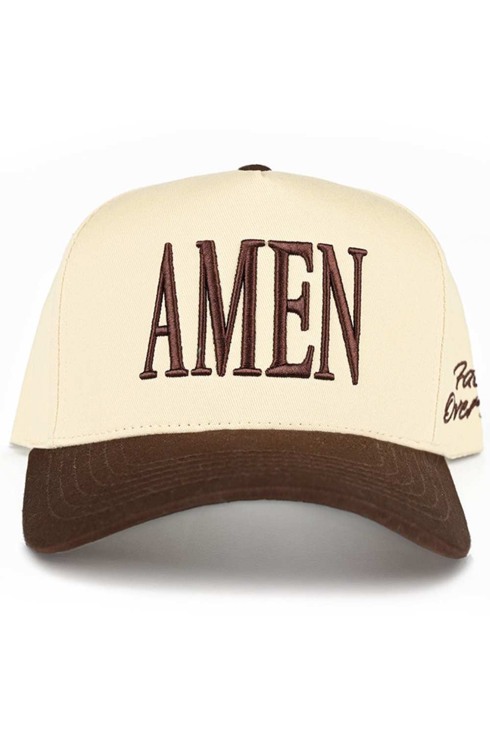 Brown Embrace faith over fear with this striking C.C AMEN embroidered trucker hat. Featuring bold two-tone styling and classic snap back closure, it's designed for everyday wear and spiritual expression. Crafted from 100% cotton for breathability and comfort, this one-size-fits-all cap has a 22.5" circumference that adjusts to most head sizes. The structured trucker silhouette offers excellent sun protection and a timeless look. Made in Vietnam with quality construction that lasts. Perfect for those seeking