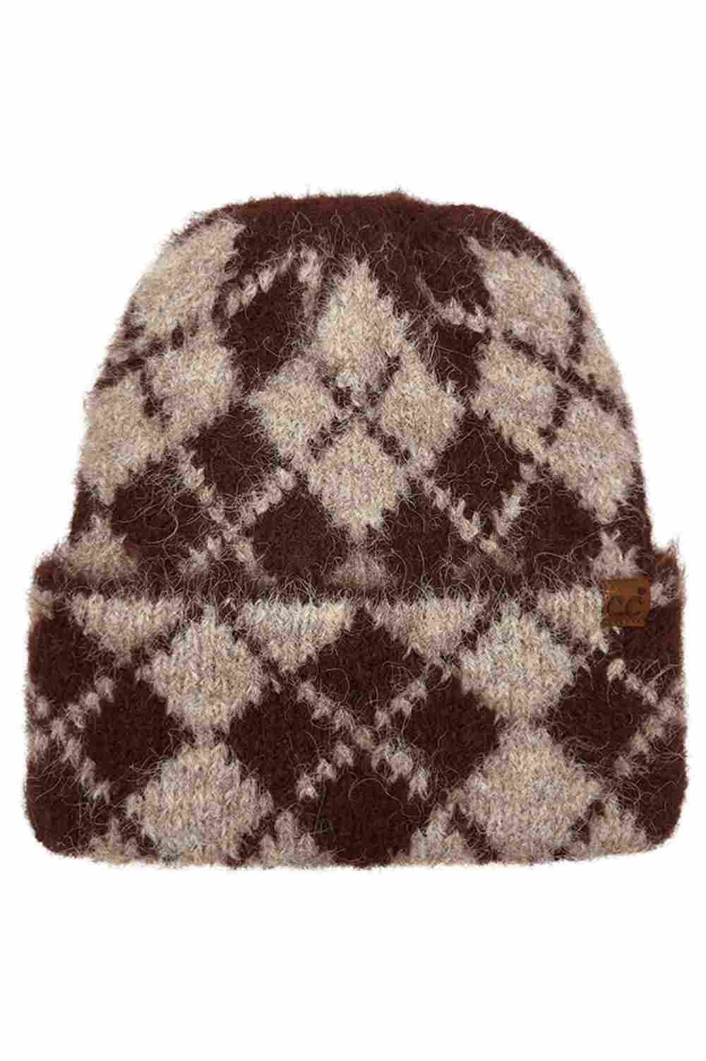 Brown C.C Argyle Pattern Cuff Beanie Winter Hat features a classic argyle knit design with a cozy cuff for a timeless cold-weather look. Made with a soft stretch fit, it delivers warm comfort while adding subtle style to your everyday winter outfits.