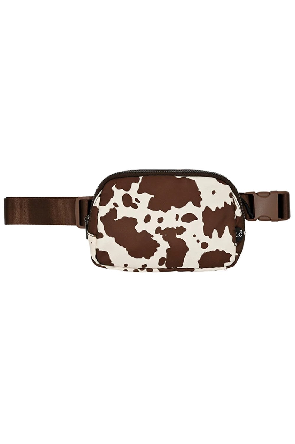 Brown Carry your essentials in style with this playful C.C Cow Pattern Fanny Pack. Featuring a bold black and white cow print design, this versatile pack is perfect for hands-free convenience whether you're running errands, traveling, or enjoying outdoor activities. Crafted from durable 100% nylon, it's built to withstand daily wear and tear.