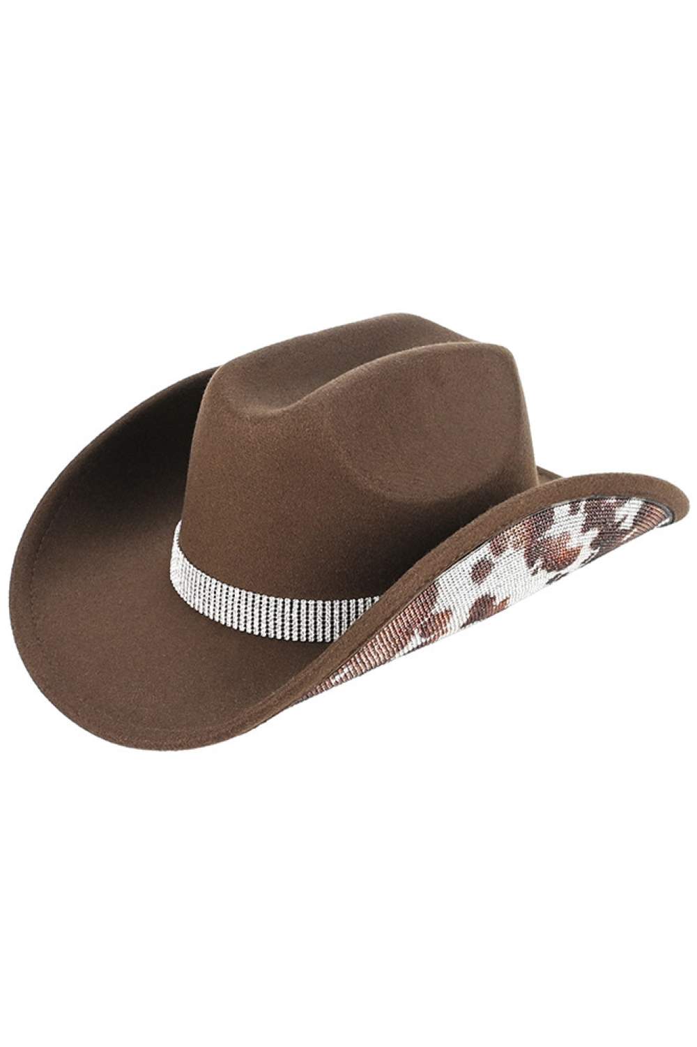 Brown Make a statement with this eye-catching C.C Leopard Pattern Rhinestone Felt Cowboy Hat. Crafted from 100% polyester vegan felt, it features a bold leopard print adorned with sparkling rhinestones for added glamour. The structured design includes a 3.5" brim and 5" crown, with a comfortable 22.63" circumference that fits most head sizes. Perfect for adding Western flair to any outfit, whether you're hitting the rodeo or embracing cowboy-chic style. One size fits all.