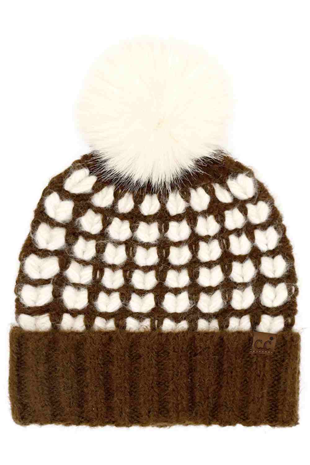 Brown C.C Full of Heart Pattern Pom Beanie Winter Hat features an adorable heart-knit design topped with a fluffy pom for a cozy, love-filled winter look. Finished with a soft cuff and stretch fit, it delivers warm comfort while adding charming style to your cold-weather outfits.