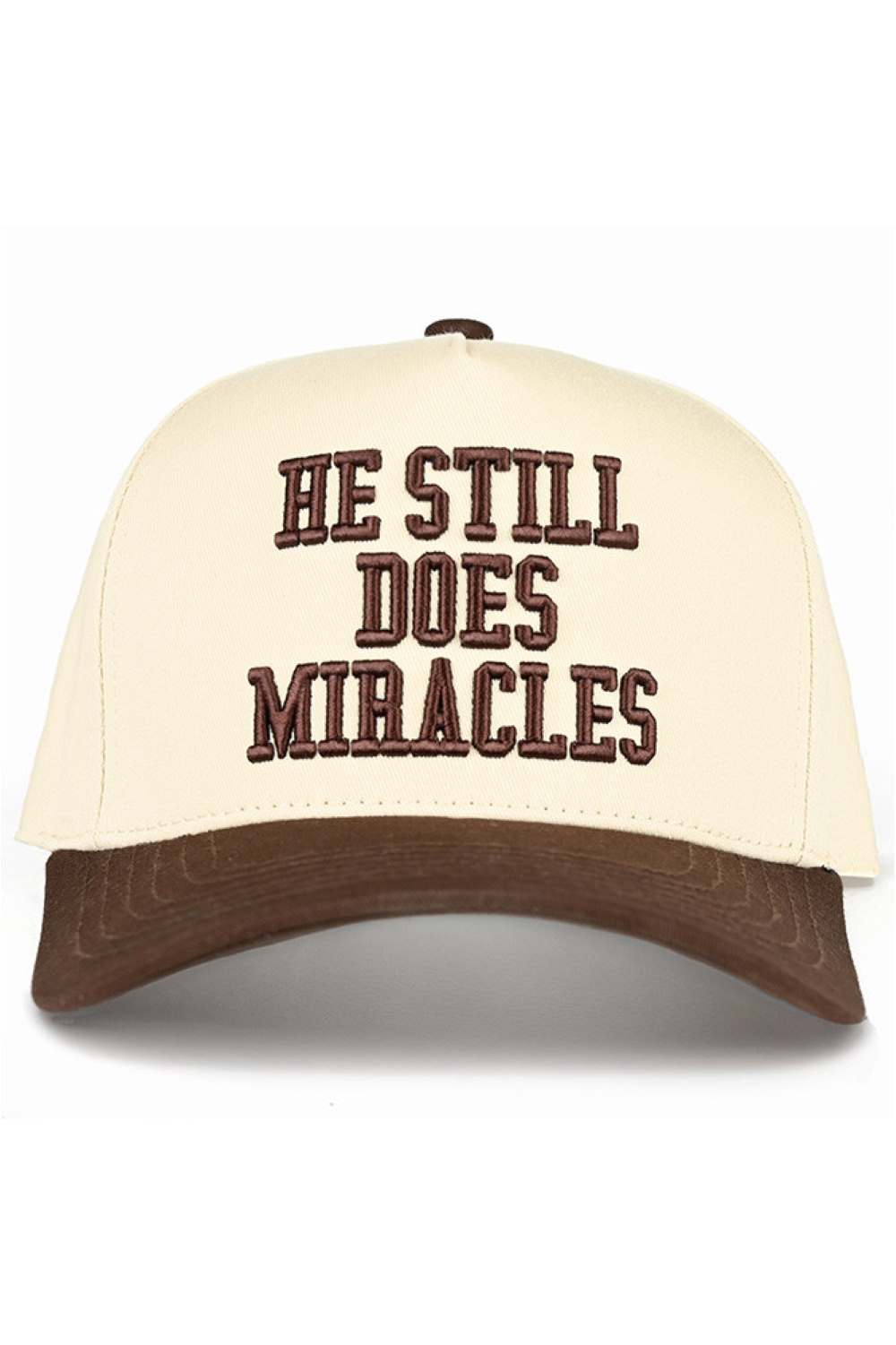 Brown C.C HE STILL DOES MIRACLES Embroidered Letter Two Tone Baseball Cap Trucker Hat Snap back closure for adjustable fit. Crafted from 100% cotton for breathability and comfort. Features embroidered lettering on a classic two-tone design. One size fits most with a 22.5" circumference.&nbsp;