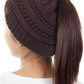 Brown The C.C Solid Color Ponytail Messy Bun Beanie combines comfort with versatility for effortless everyday style. Crafted from 100% soft acrylic, this beanie features an open crown design that accommodates ponytails and messy buns while keeping you warm. The one-size-fits-most construction ensures a secure, flattering fit for virtually anyone. Perfect for casual outings, workouts, or relaxed weekends, this practical accessory transitions seamlessly from season to season.