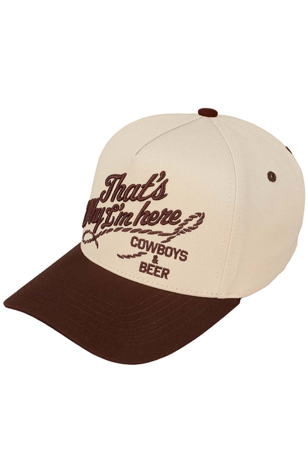 Brown Show off your laid-back country attitude with this C.C “THAT’S WHY I’M HERE COWBOYS &amp; BEER” embroidered cotton trucker cap, featuring bold lettering that makes a fun statement. Designed with a breathable mesh back and adjustable snapback closure, it delivers all-day comfort for rodeos, tailgates, and casual everyday wear.