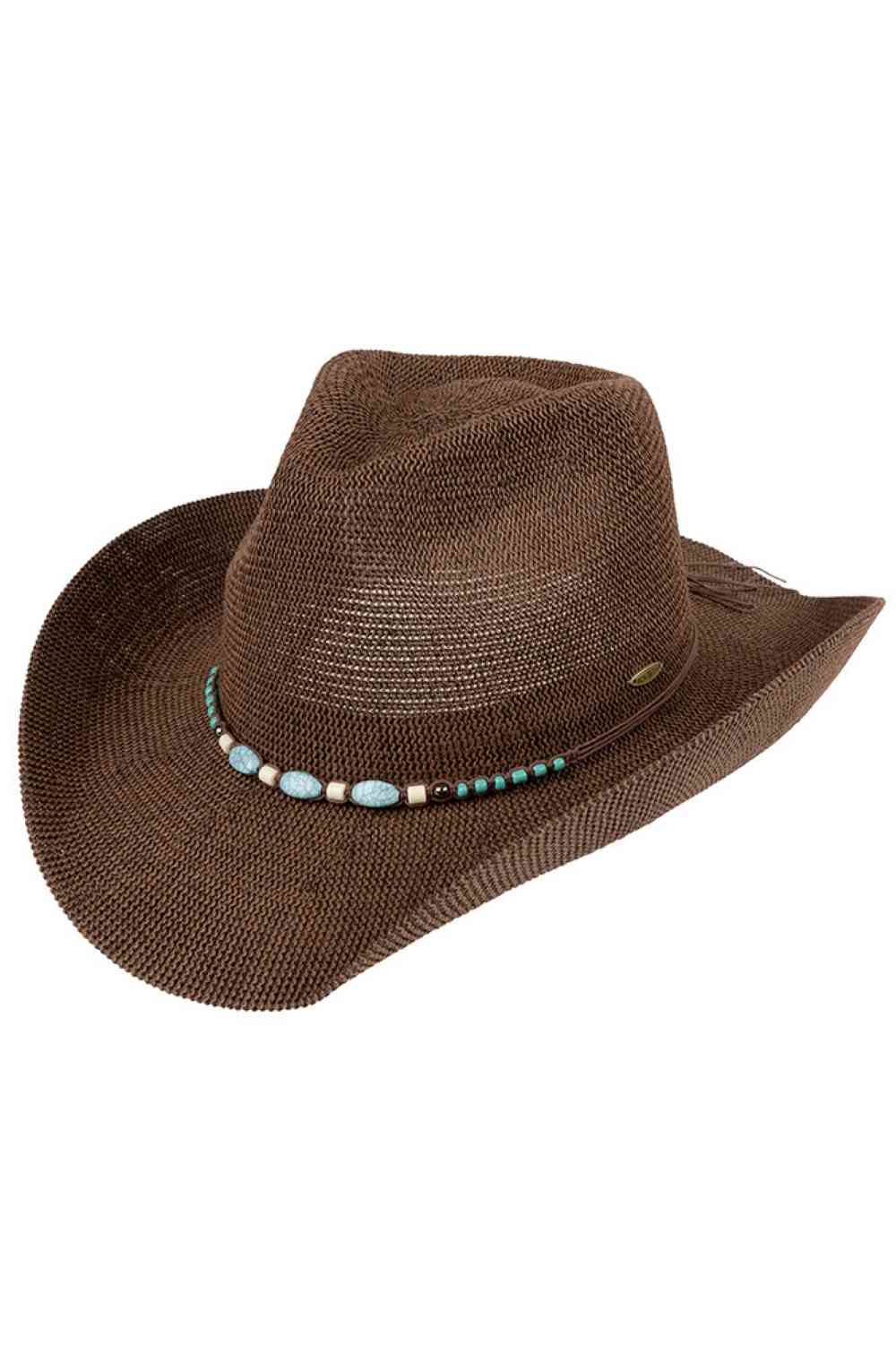 Brown Elevate your western style with this striking C.C Cowboy Hat, featuring a beautiful turquoise stone accent and decorative beaded string band. Crafted from a breathable blend of 60% paper and 40% polyester, this one-size hat offers comfort and durability for all-day wear. The knitted construction provides a soft, flexible fit with a generous 22.6" circumference. The 3.5" brim shields from the sun while the 4.5" crown delivers that classic cowboy silhouette. Perfect for festivals, ranch days, or adding 