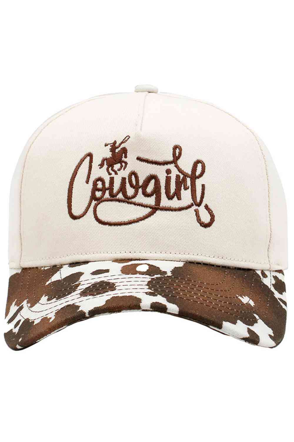 Brown Embrace your cowgirl spirit with this charming baseball cap featuring embroidered "COW GIRL" lettering and playful cow pattern details. Crafted from 100% cotton, it offers breathable comfort for all-day wear. The classic one-size-fits-most design makes it perfect for casual outings, ranch days, or showing off your love for western style. Lightweight and durable, this cap pairs effortlessly with any outfit while keeping the sun at bay.