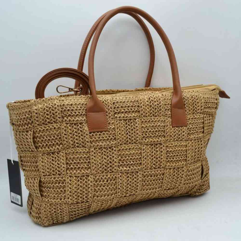 Brown Embrace effortless summer style with this beautiful woven straw tote bag. Perfect for beach days, farmers' market runs, or casual brunch dates, this bag combines a rustic, natural aesthetic with modern functionality.