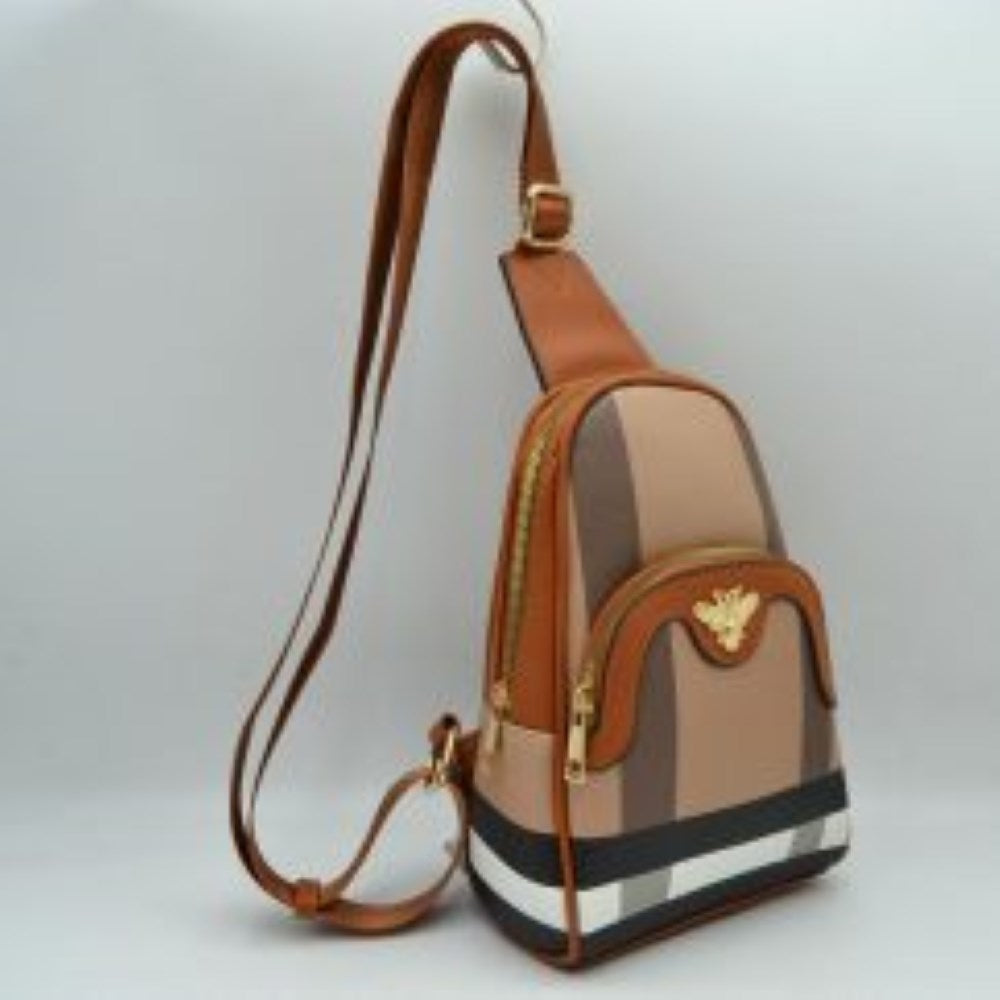 Brown This functional sling bag showcases a geometric panelled pattern across the exterior, making it a distinct choice for active everyday use. It features multiple practical storage compartments, including a curved main zippered section and a smaller front pouch highlighted by a detailed metallic bee emblem. Designed with a single broad strap style, it connects to a metallic buckle at the top to allow for a versatile, over-the-shoulder carry layout.
