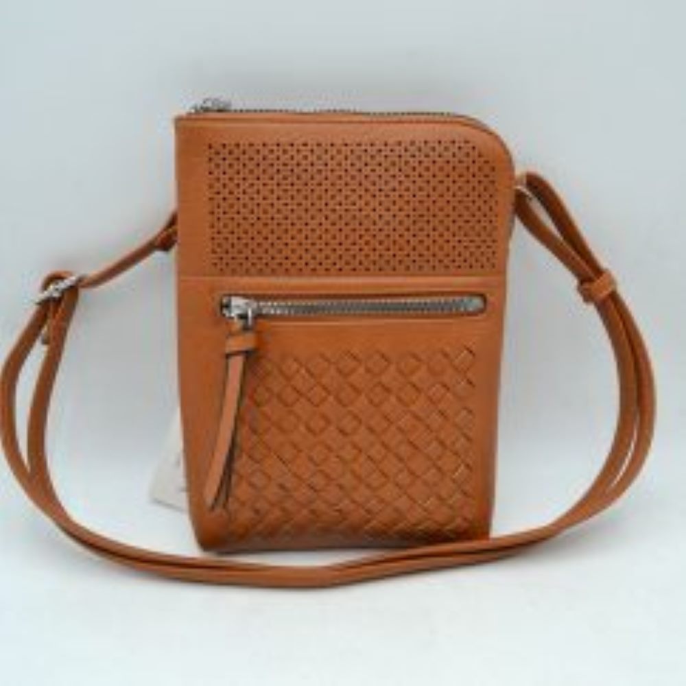 Brown This vertical everyday crossbody bag showcases a multi-textured front panel featuring a perforated pattern on the upper section and a classic basket-weave detail on the lower portion. Designed for secure daily organization, it is built with a top zipper closure for the main compartment alongside a prominent horizontal front zippered pocket finished with an elongated pull tab