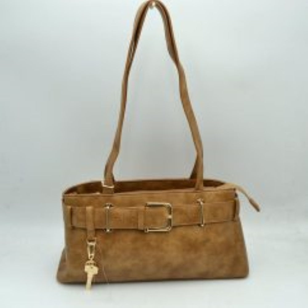 Brown This rectangular shoulder bag features a distinctive wide belt detail running horizontally across the upper front panel, secured with a central metallic buckle and supported by matching metallic loops. Attached to one of the front belt loops is a decorative key charm suspended from a small clip. The bag is designed with dual fixed shoulder straps extending upwards from the body, and the main storage compartment is accessed via a top zipper closure with a fabric pull tab.