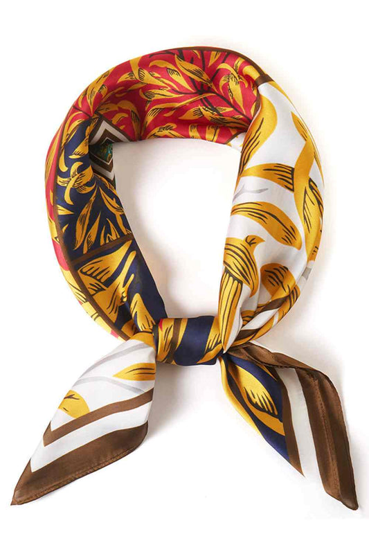 Brown Elevate your summer style with this versatile bandana scarf featuring a beautiful leaves and line pattern print. Crafted from lightweight 100% polyester, it's perfect for warm weather wear—tie it around your neck, head, or wrist for effortless, breathable comfort. The generous 27.5" x 27.5" square size offers endless styling possibilities. Whether you're heading to the beach, running errands, or adding a pop of pattern to any outfit, this scarf delivers both function and fashion. Easy to care for and 
