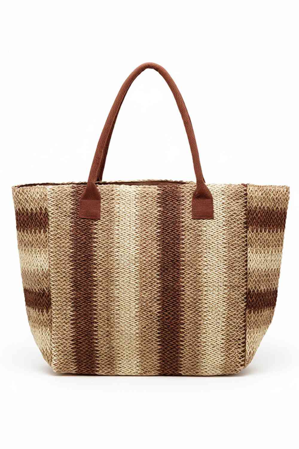 Brown Carry your essentials in style with this Multi Stripe Pattern Natural Brown Straw Tote Bag. Crafted from 100% paper, this spacious bag measures 21" x 14" x 6" and features a vibrant multi-color stripe design against a natural brown base. The magnetic snap closure keeps your belongings secure, while the convenient inner pocket provides organized storage. Perfect for beach trips, shopping, or everyday use.