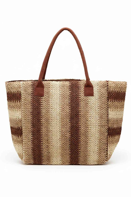 Brown Carry your essentials in style with this Multi Stripe Pattern Natural Brown Straw Tote Bag. Crafted from 100% paper, this spacious bag measures 21" x 14" x 6" and features a vibrant multi-color stripe design against a natural brown base. The magnetic snap closure keeps your belongings secure, while the convenient inner pocket provides organized storage. Perfect for beach trips, shopping, or everyday use.