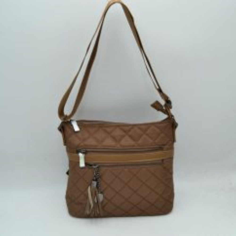 Brown This casual crossbody bag features a classic quilted texture and a slim, flexible design ideal for everyday use. It offers multiple functional storage compartments, including a top zipper closure for the main area and two parallel zippered front pockets for organized access to smaller items. A decorative tassel charm on a small chain accents the upper front zipper, while a wide, integrated adjustable shoulder strap allows for comfortable crossbody or over-the-shoulder wear.