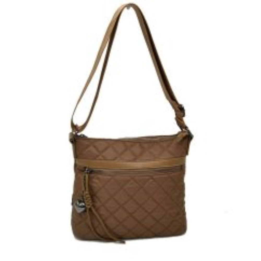 Brown This casual crossbody bag features a classic quilted diamond pattern and a slim, flexible profile tailored for everyday use. It provides functional storage compartments, including a secure top zipper closure for the main area and a prominent horizontal zippered front pocket for easy access to smaller essentials. A decorative heart-shaped metallic charm paired with a knotted fabric accent extends from the front zipper pull