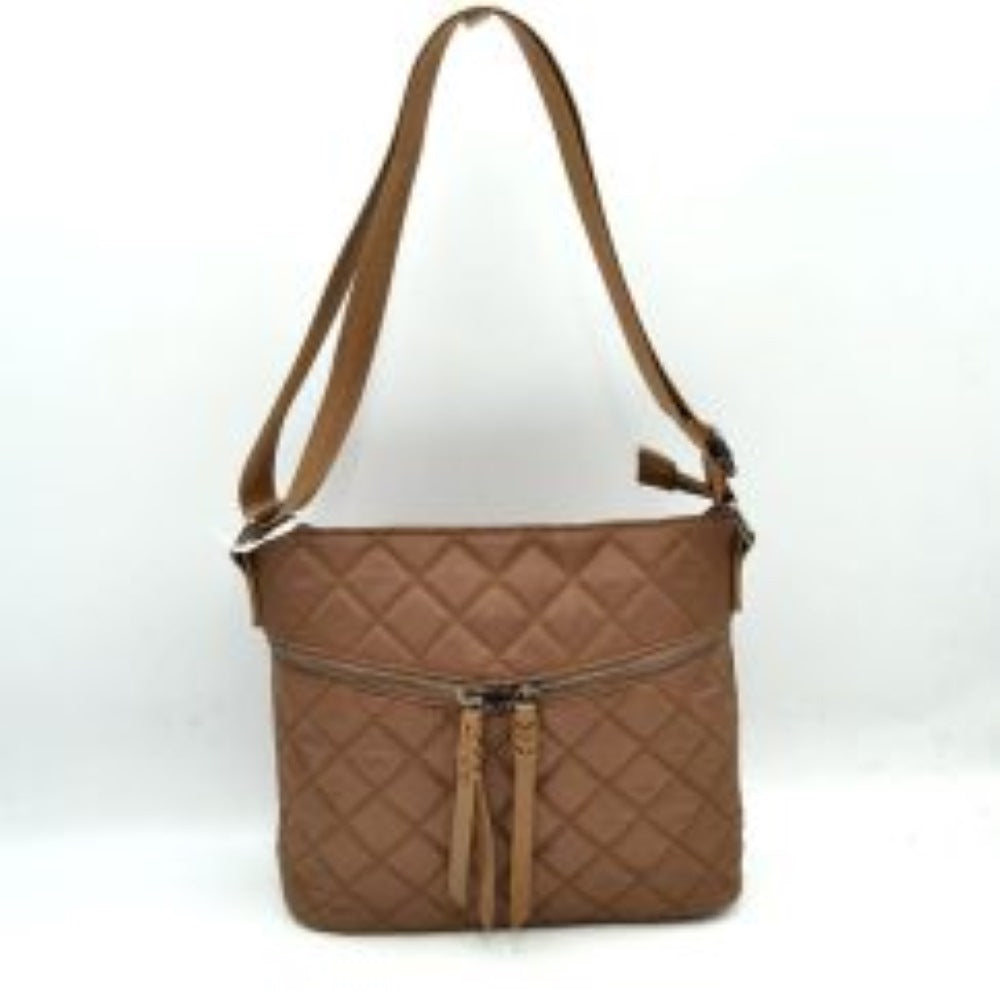 Brown This casual crossbody bag features a classic diamond quilted design and a slim, flexible profile tailored for everyday use. It offers multiple functional storage compartments, including a main upper zippered area and a distinct, gently curved horizontal front pocket equipped with dual center-closing zipper pulls that feature long, matching fringe extensions. A long, integrated adjustable shoulder strap ensures comfortable carrying over the shoulder or across the body.