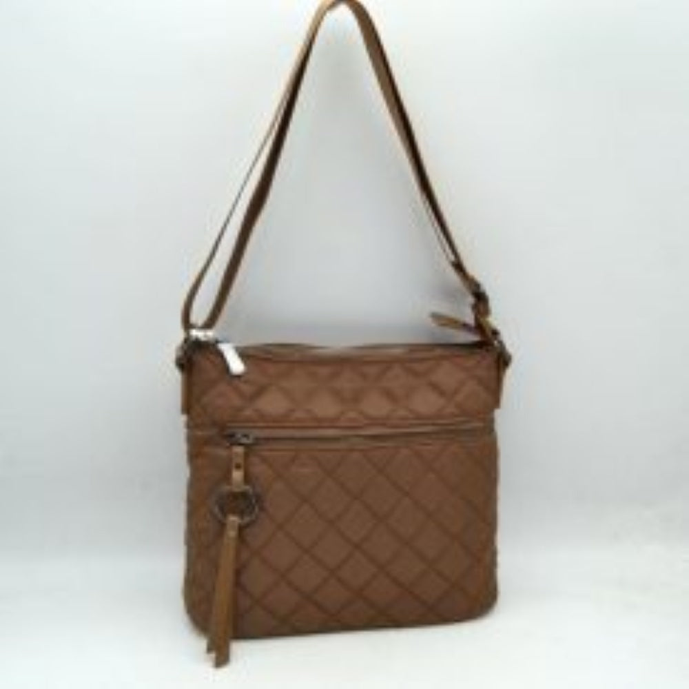 Brown This functional crossbody bag features a classic quilted diamond pattern exterior designed for effortless everyday use. It offers multiple storage compartments, including a main interior section accessed by a top zipper closure and a horizontal front zippered pocket accented by an attached circular ring pull tab. The bag is equipped with a matching flat shoulder strap connected by side loops, featuring an integrated adjustment buckle to easily customize the carrying length.