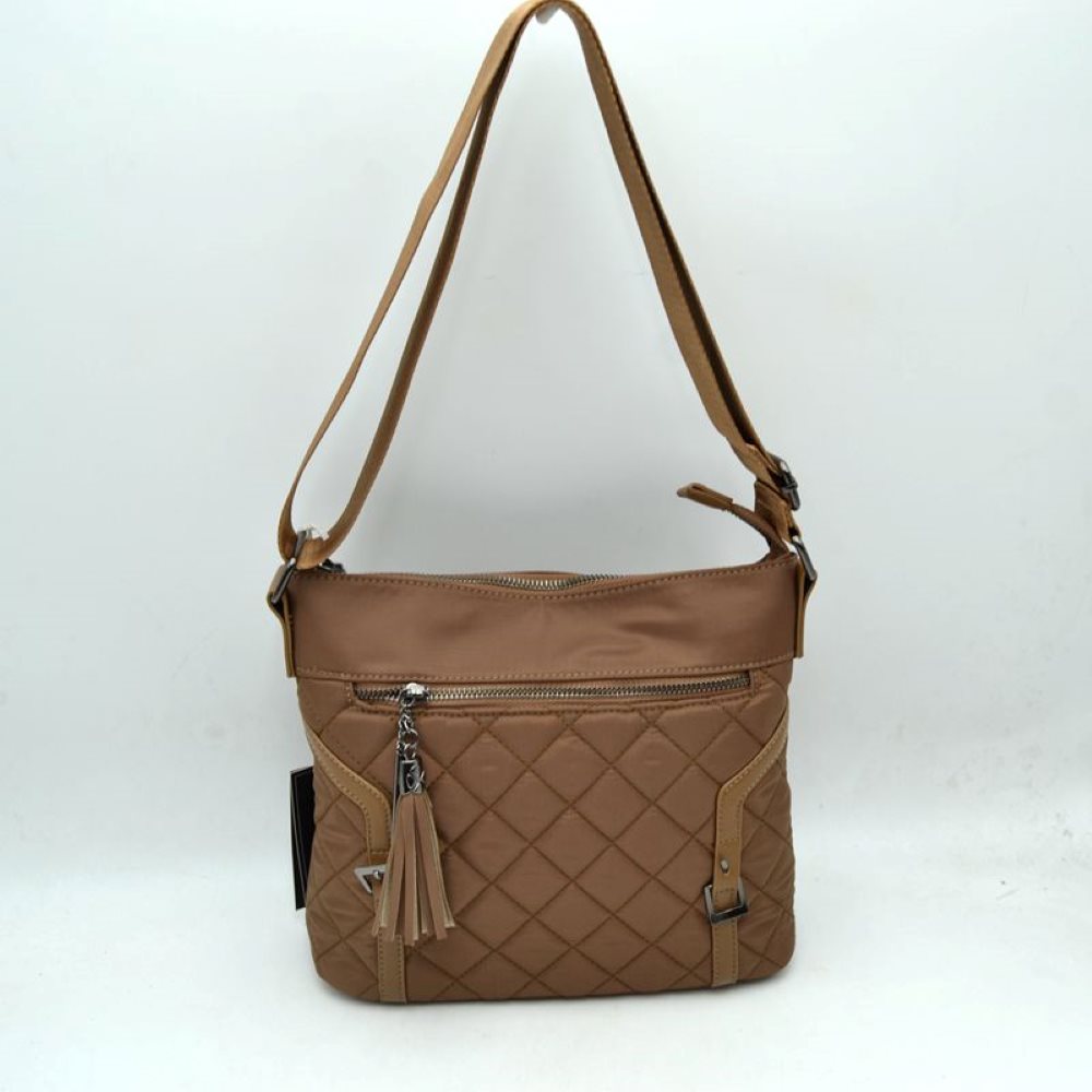 Brown Elevate your daily organization with this effortlessly chic crossbody bag. Designed with a striking mixed-media look, it combines a smooth nylon upper panel with a classic diamond-quilted body. The front is accented with a wide zipper compartment, a stylish hanging fringe tassel charm, and dual faux-leather vertical straps with polished metal buckles for a tailored finish.