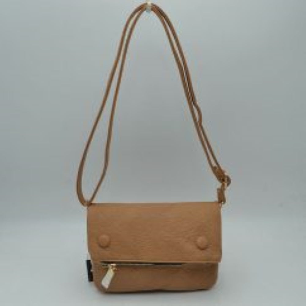 Brown This stylish crossbody bag features a textured pebbled finish with a diamond-quilted stitch design and a foldover flap construction. It is designed with functional storage compartments, including a bottom front section secured by a gold-tone zipper with an elegant metallic pull tab. Equipped with a long, slender adjustable shoulder strap, this versatile bag offers convenient, hands-free carrying for everyday use or casual outings.