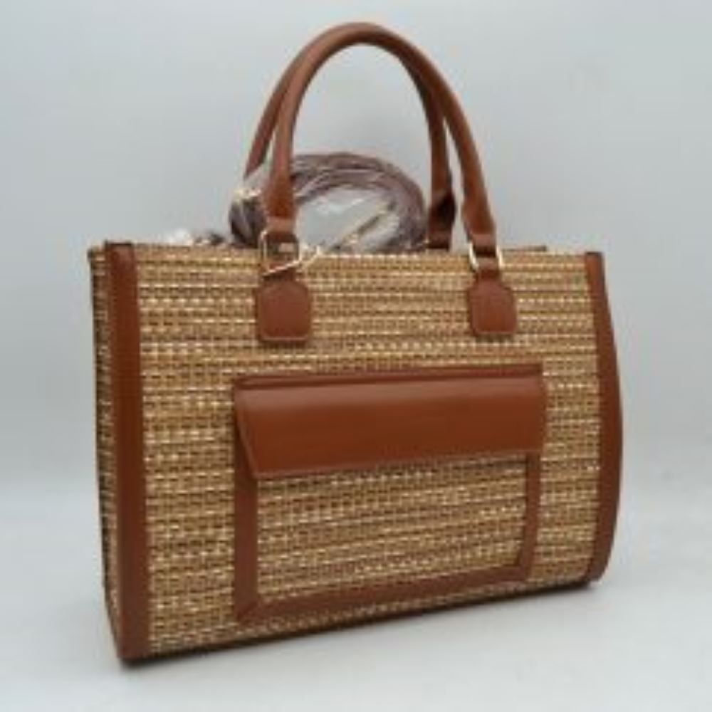 Brown Bring a polished, professional edge to your daily commute with this beautifully structured rectangular tote bag. Showcasing a refined, multi-tonal woven tweed patterned exterior, this handbag is sharply framed by clean, solid-colored vertical trim and a matching protective base that effortlessly retains its crisp silhouette. The front features a prominent, smooth-textured slip pocket with a protective overhanging flap, offering convenient, easy-access storage for smaller items like keys or commuter pa