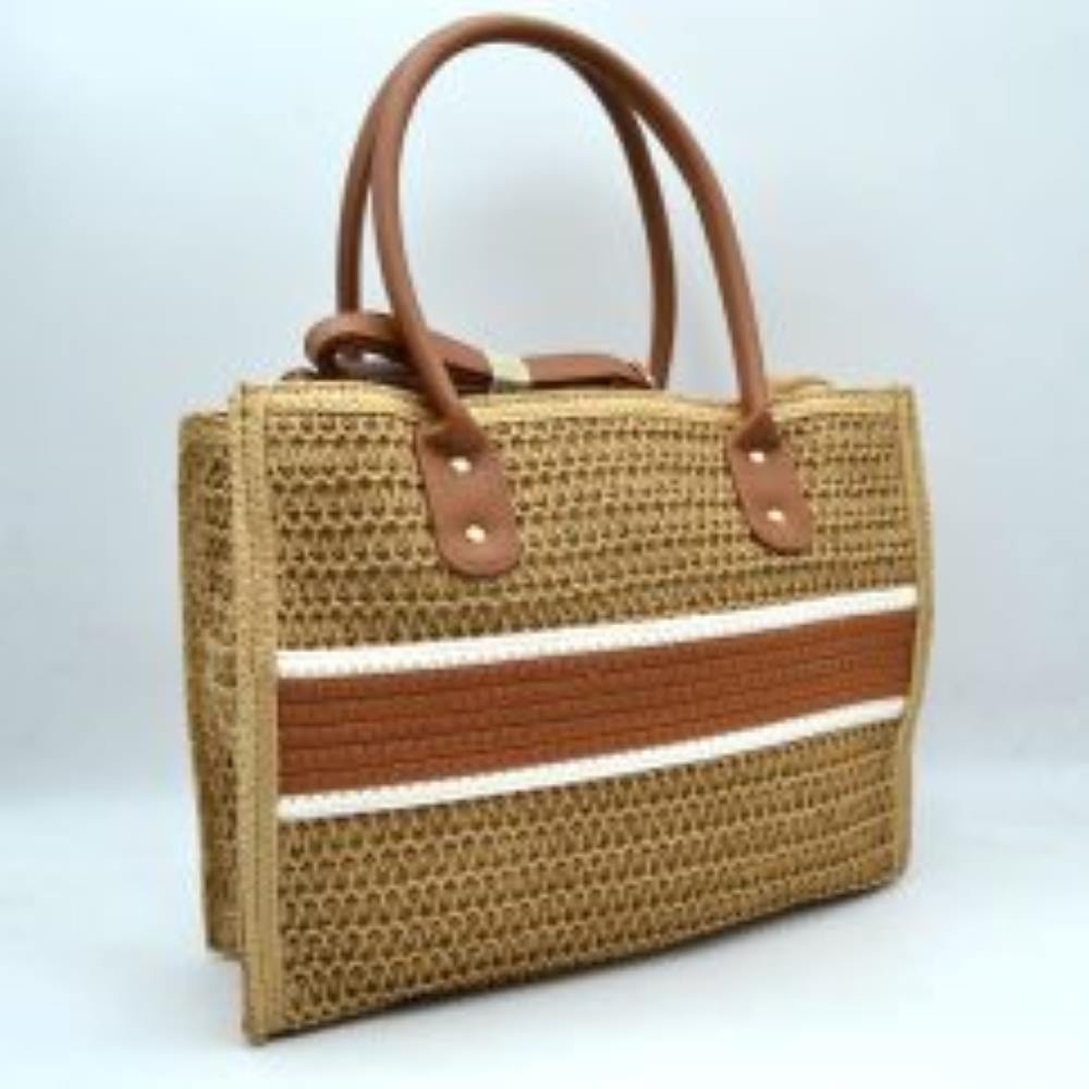 Brown Embrace carefree, sunny days with this beautifully crafted woven tote bag, the perfect companion for beach getaways, weekend markets, or casual summer strolls. Featuring an open-weave textured body, this handbag is elegantly detailed with a smooth, contrasting horizontal stripe across the center that brings a polished, modern edge to its natural aesthetic. It comes equipped with structured, rounded top handles secured by gleaming metallic rivets 