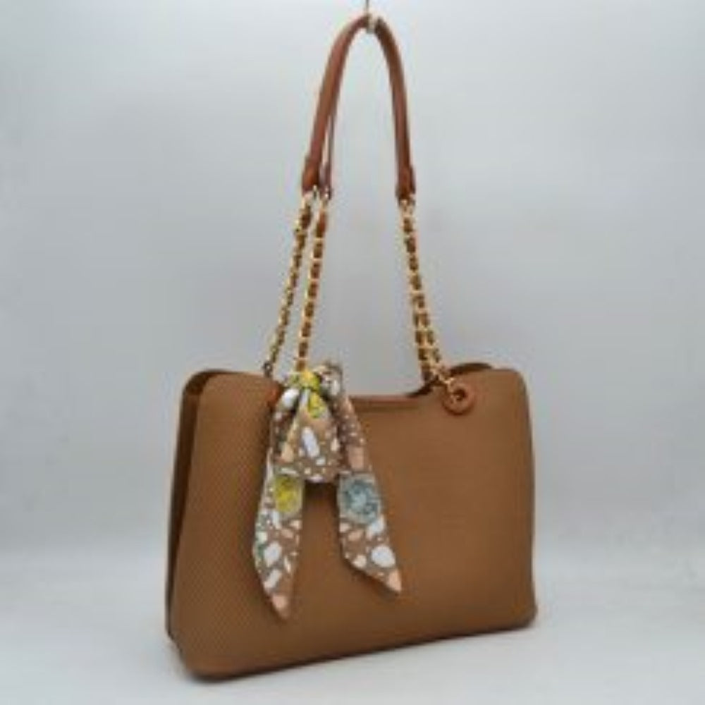 Elegant Textured Tote Bag with Chain Accent and Printed Scarf - Brown - Tote Bag