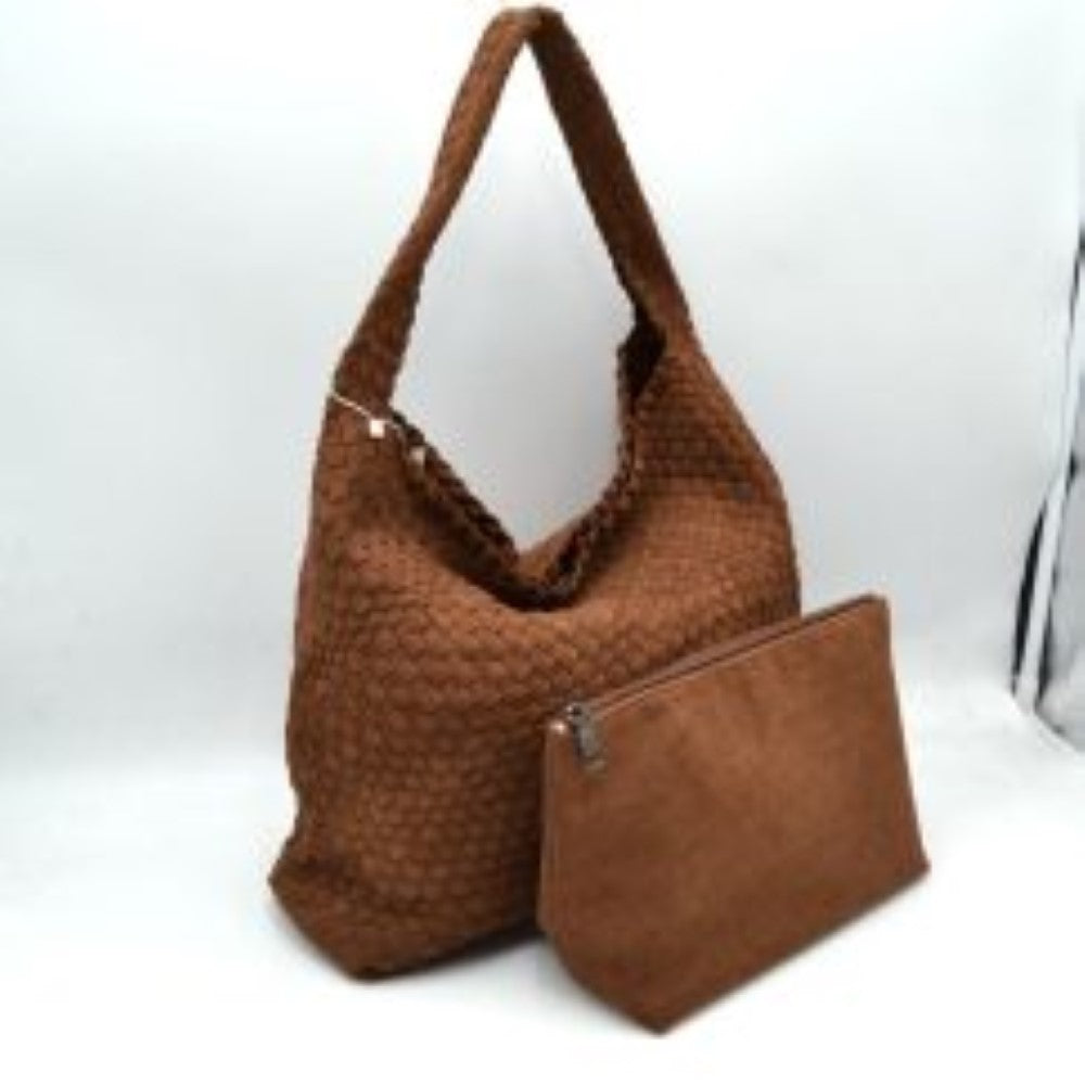 Brown This relaxed, slouchy shoulder bag showcases a beautifully textured, fully woven exterior in a classic checkerboard style. It is designed with a spacious, scooped hobo silhouette that naturally molds to the body for comfortable daily wear. The wide, integrated shoulder strap extends seamlessly from the side panels, ensuring durable carrying capacity while maintaining a clean, hardware-free aesthetic suitable for both casual and smart-casual ensembles.