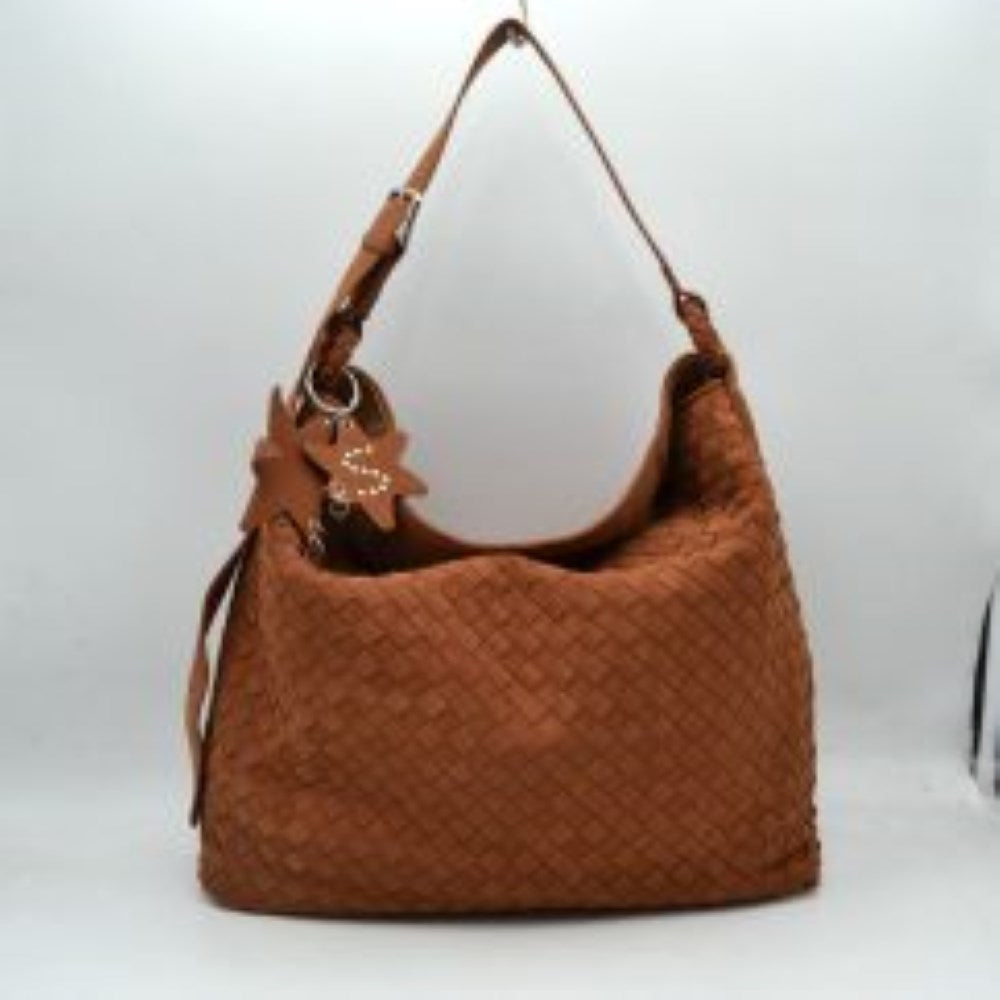 Brown This slouchy hobo bag features a distinctive woven pattern across its exterior, offering a textured and modern look for everyday use. Designed with a spacious main compartment to easily accommodate daily essentials, the bag includes an adjustable flat shoulder strap secured with a metallic buckle for customizable carrying comfort. A decorative star-shaped charm is attached to the side via metallic hardware, adding a unique accent to the overall clean design.