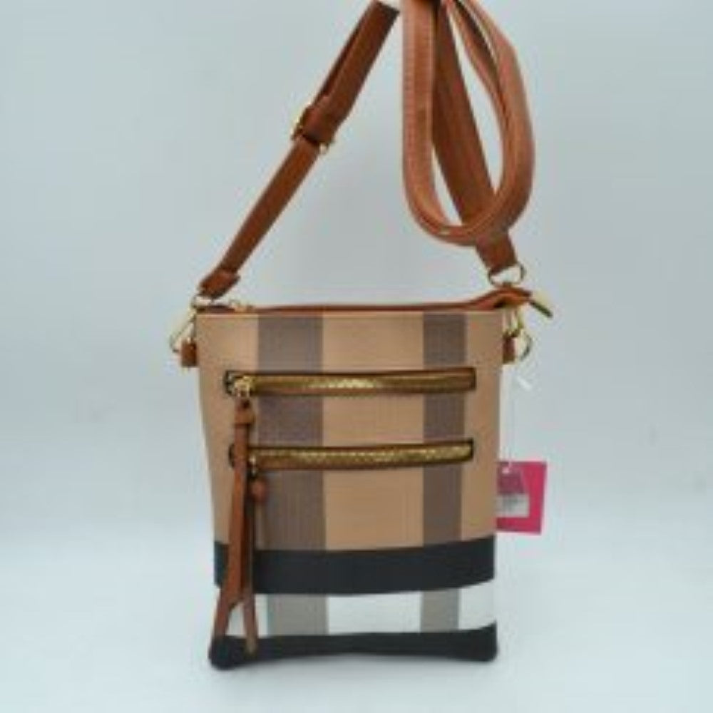 Brown This structured crossbody bag features a multi-patterned exterior detailing vertical and horizontal blocks on the surface. Designed for practical everyday use, the bag offers multiple storage compartments, including two convenient front zipper pockets with long pulls alongside a secure main top zipper closure. A long, adjustable shoulder strap is attached via side rings and a metal buckle, making it easy to customize the fit for comfortable carrying.