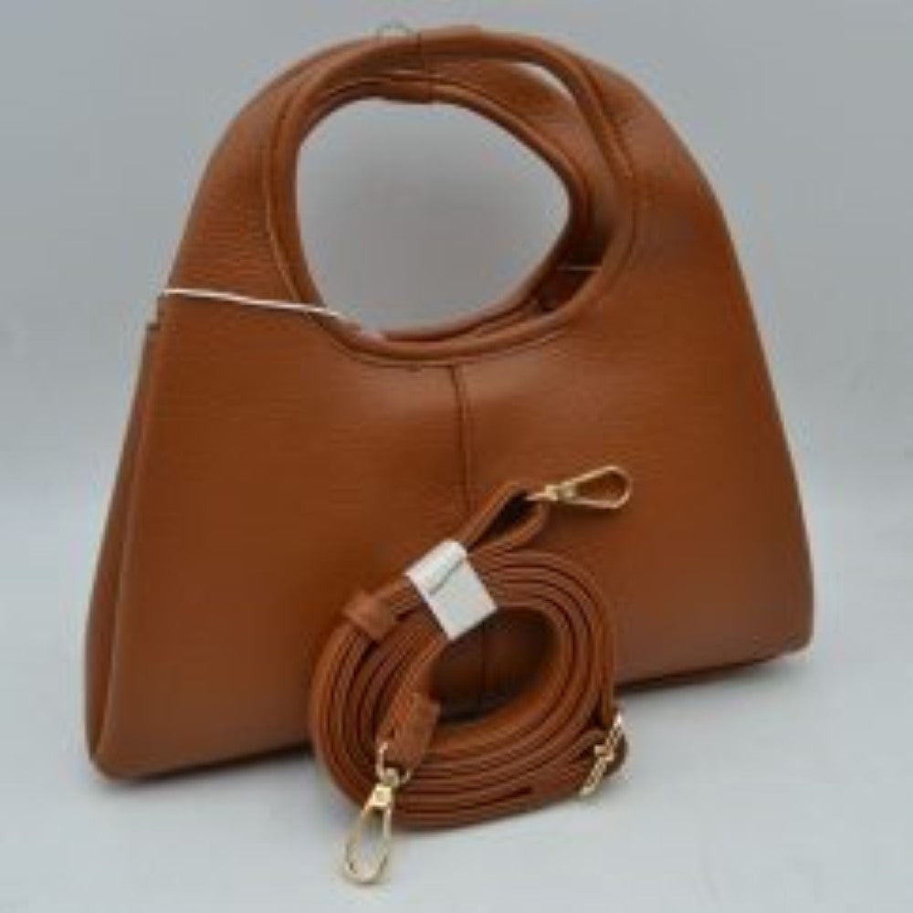 Brown This everyday handbag features a slouchy, structured silhouette with a pebbled, textured exterior and a central vertical seam detail on the front panel. Designed for versatile styling, it features integrated wide top handles alongside a separate, detachable, and adjustable long shoulder strap equipped with metallic lobster clasps.